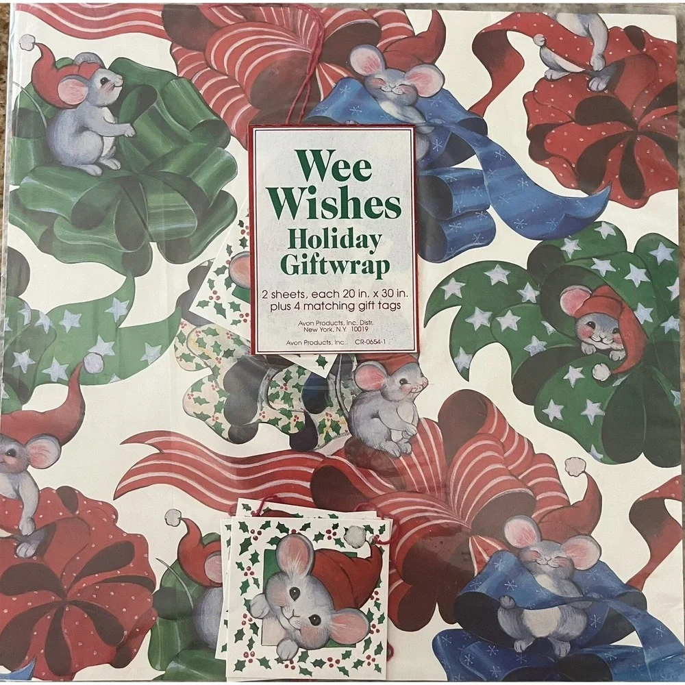 VTG Avon Holiday Wrapping Paper Wee Wishes Holiday Mouse 2‎ Sheets & 4 Gift Tags